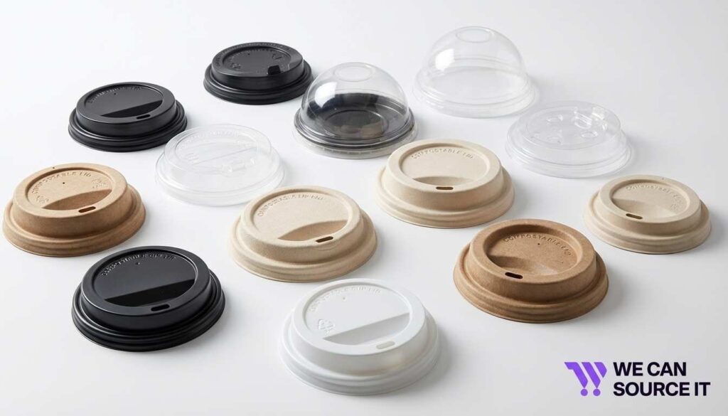 Different types of coffee cup lids including plastic and compostable options
