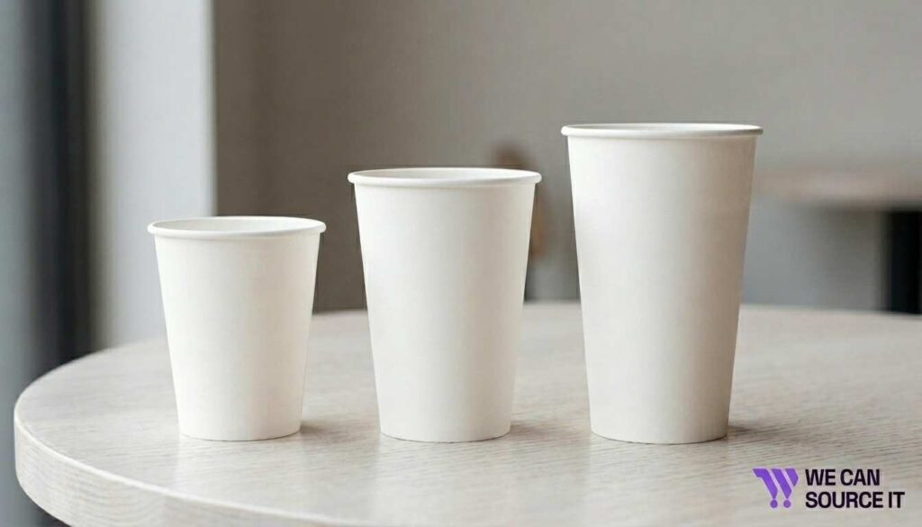 Three takeaway paper coffee cups showing 8 oz 12 oz and 16 oz size comparison