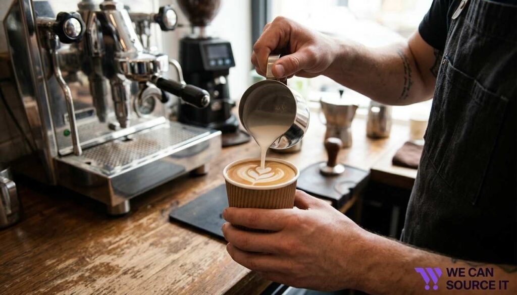 Barista pouring milk into a latte showing coffee preparation and ingredient use
