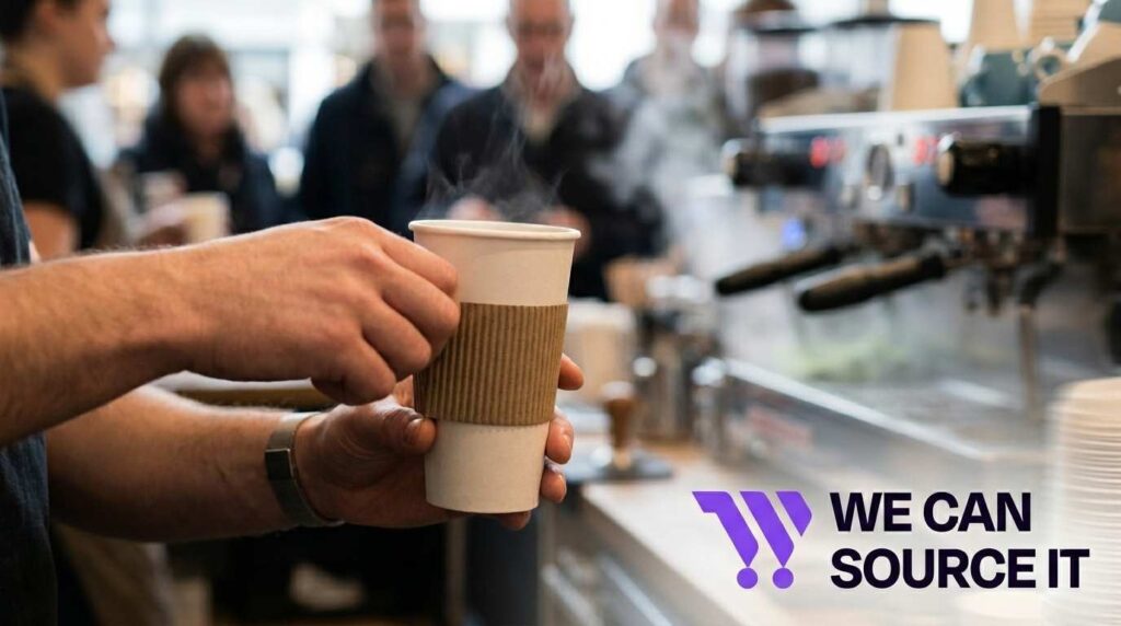 Barista applying sleeve to single wall coffee cup