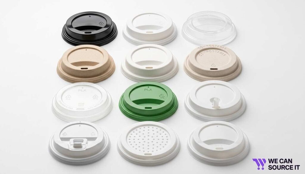 Different disposable coffee cup lids compatible with paper coffee cups