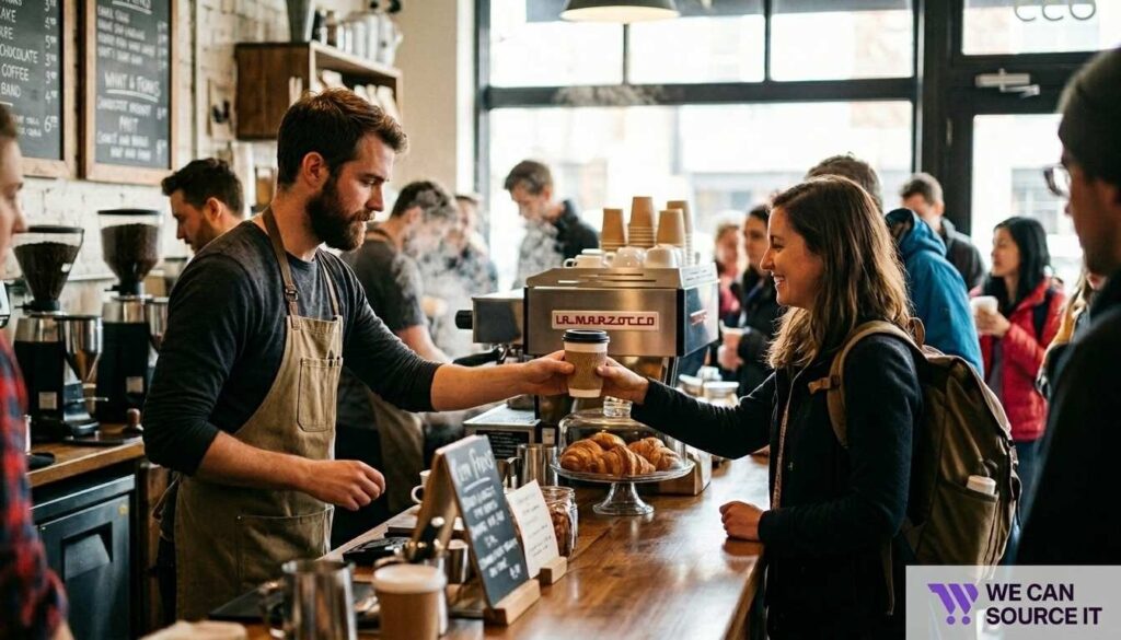 Barista serving takeaway coffee drinks during busy cafe service