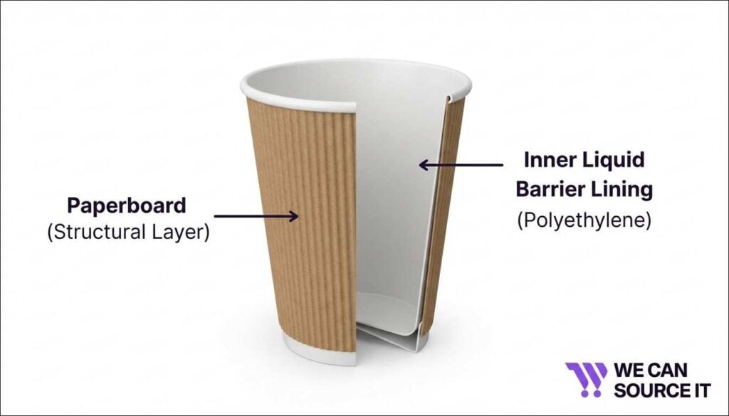 Cross section diagram showing paperboard and inner lining of a paper coffee cup