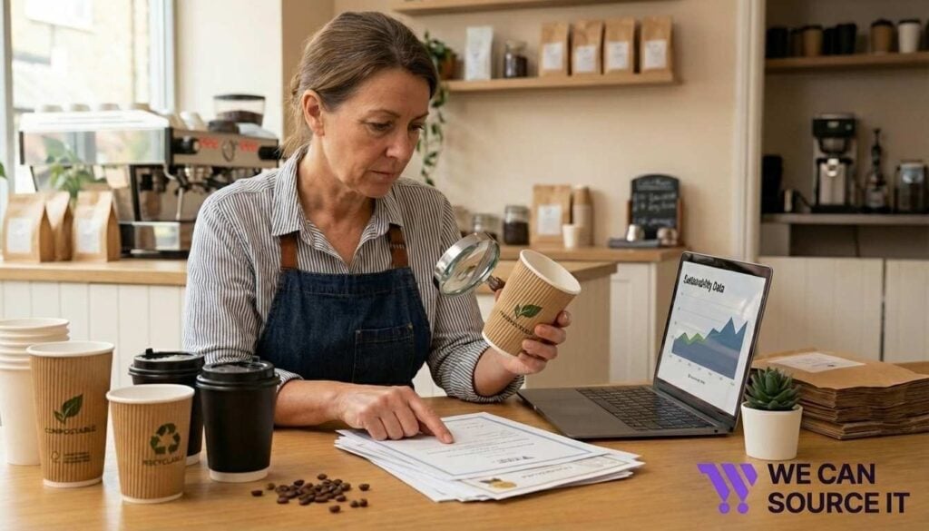 Coffee shop owner reviewing sustainability standards and certifications for paper coffee cups
