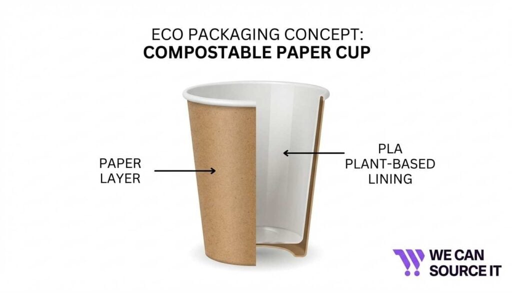Diagram showing compostable paper coffee cup with PLA plant-based lining