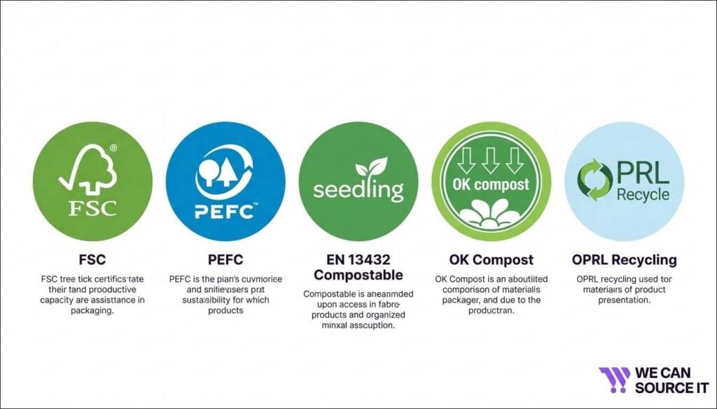 Common sustainability certifications used for paper coffee cups including FSC, PEFC, EN 13432, OK Compost and OPRL