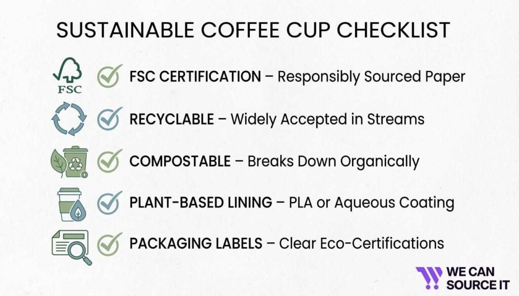  Infographic checklist showing sustainability factors coffee shops should check when buying paper coffee cups