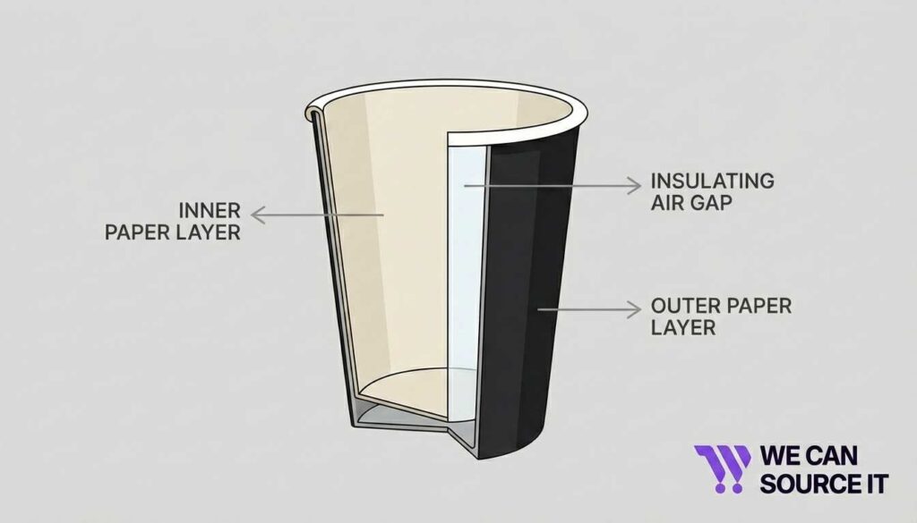 Cross section diagram showing inner layer, air gap and outer layer of a double wall paper cup
