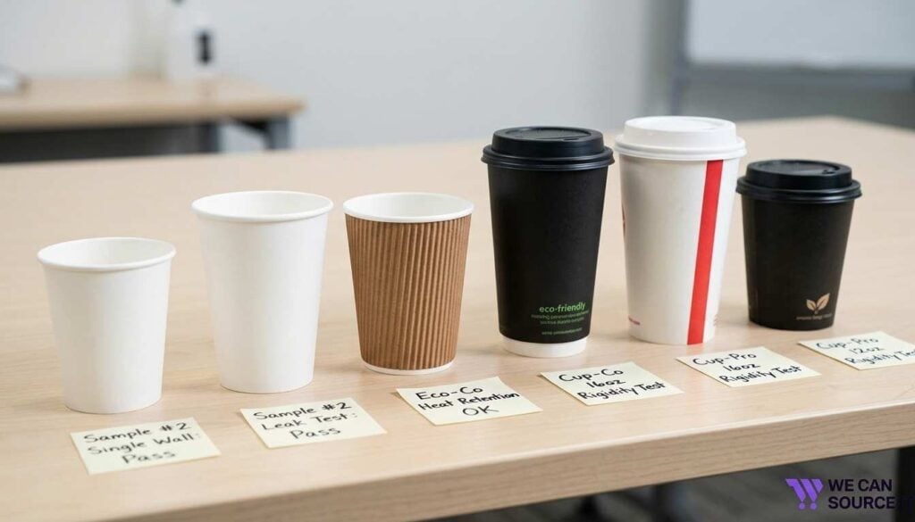 Multiple takeaway paper cup samples from different suppliers arranged for quality comparison
