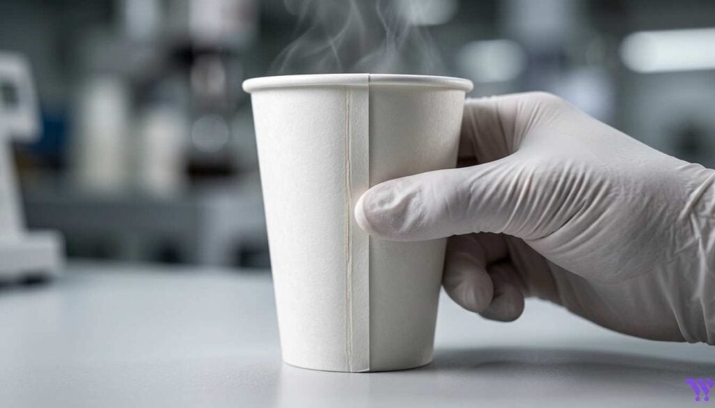 Close-up of disposable coffee cup seam being inspected for leakage during testing