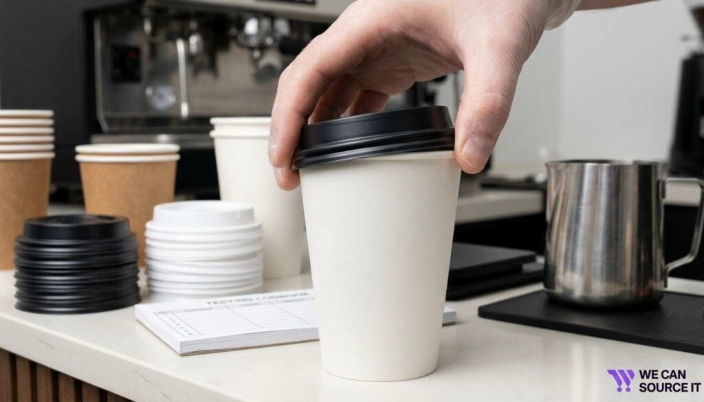 Hand pressing a plastic lid onto a takeaway paper coffee cup during a fit test