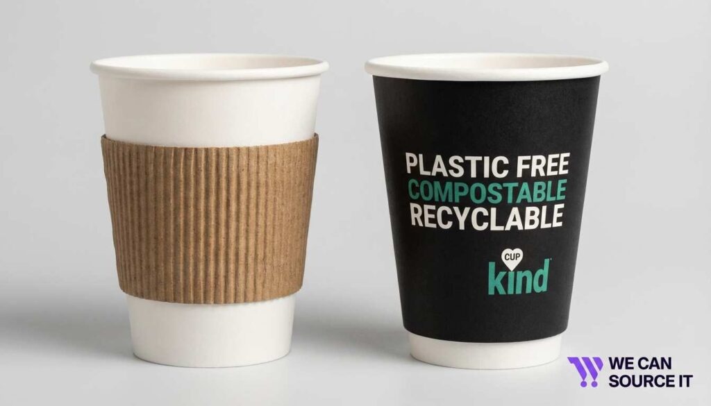 Single wall coffee cup with sleeve next to double wall cup without sleeve
