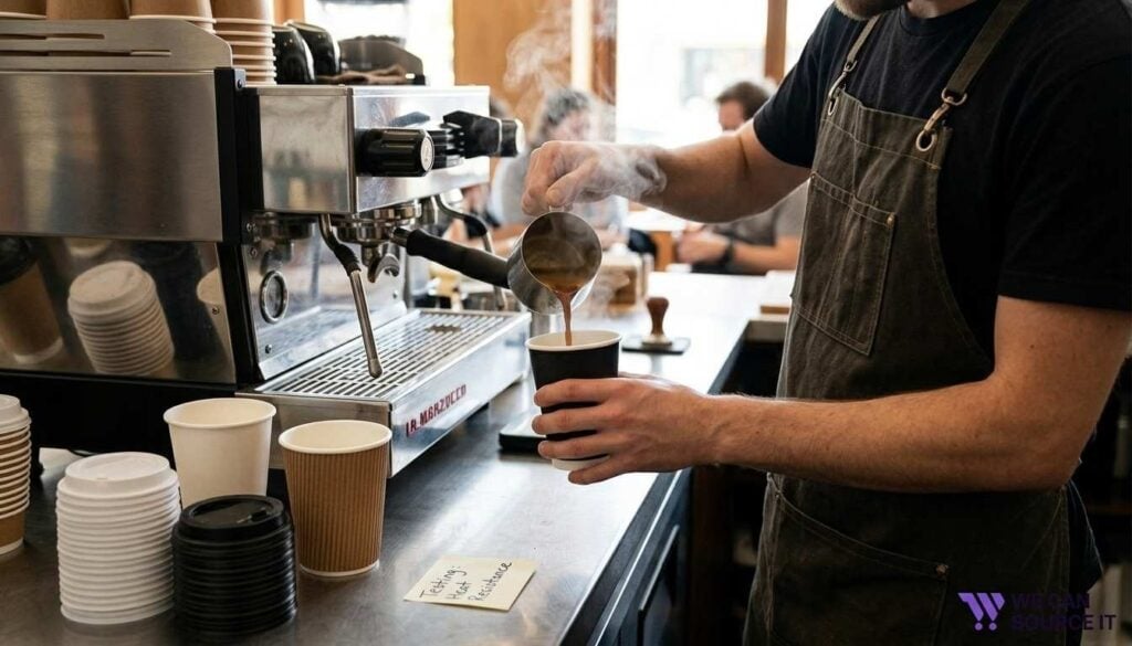 Barista pouring hot coffee into a paper cup during a durability and insulation test