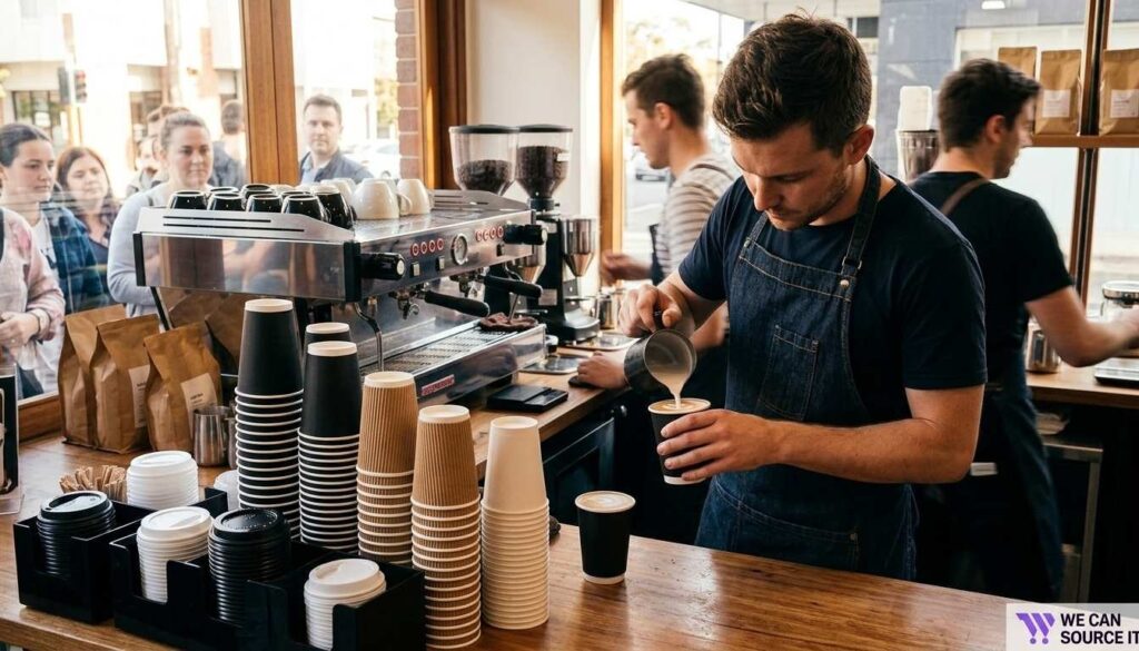 Coffee shop barista preparing takeaway drinks while testing paper cup usability
