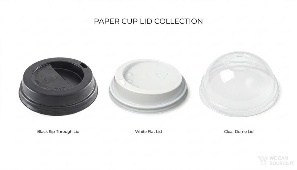Different types of paper cup lids including sip-through, flat, and dome lids