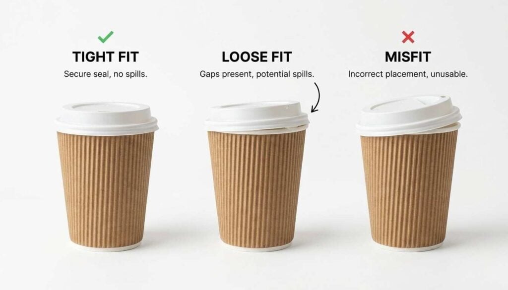  Illustration of tight fit, loose fit, and misfit lids on paper cups