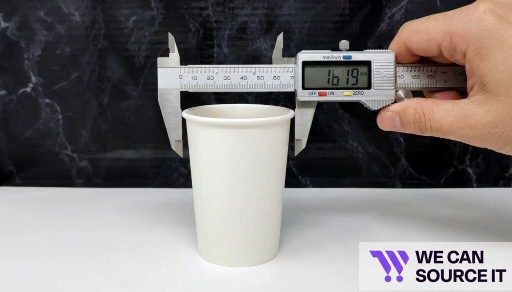  Measuring rim diameter of a paper cup to check lid compatibility