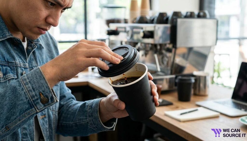 Testing paper cup lid fit by tilting cup to check for leaks