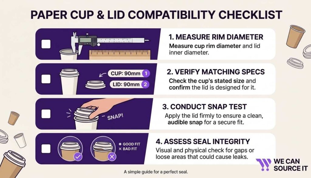 Simple infographic checklist showing steps to check paper cup lid compatibility