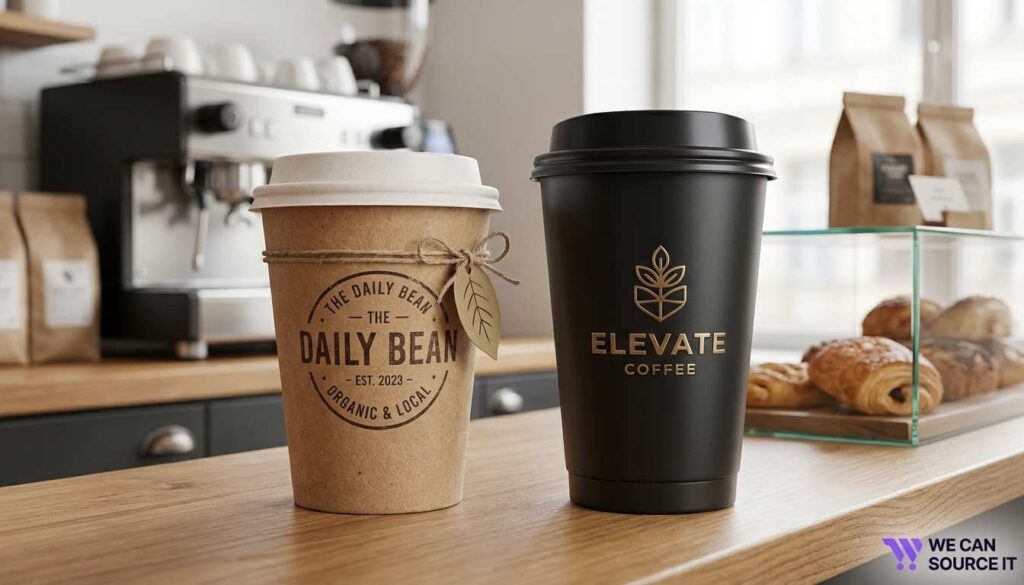 Different coffee cup styles reflecting eco-friendly and premium café branding