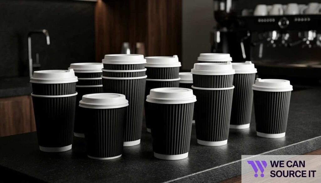 Black ripple coffee cups with modern premium café presentation