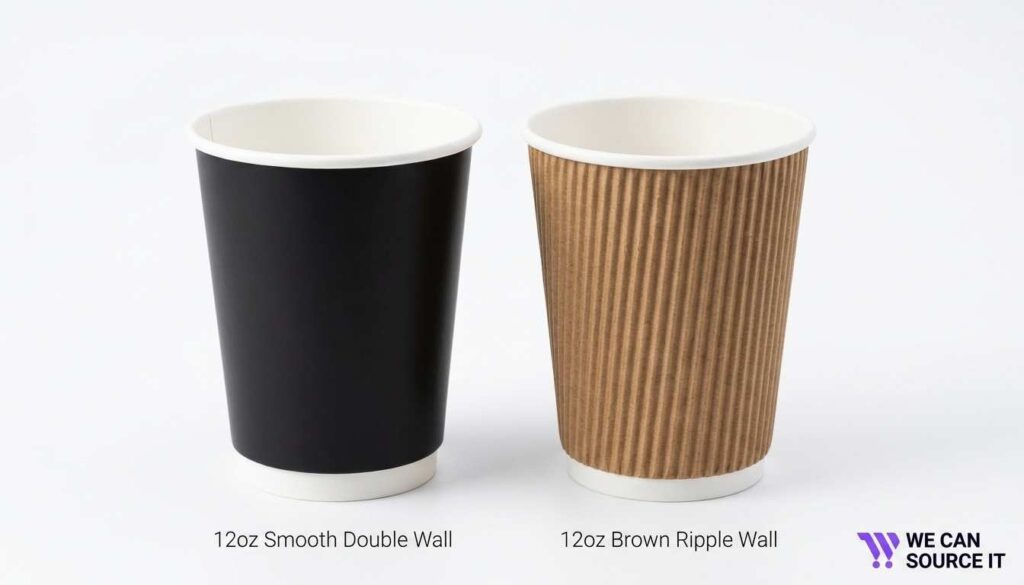 Smooth double wall cup beside textured ripple wall coffee cup