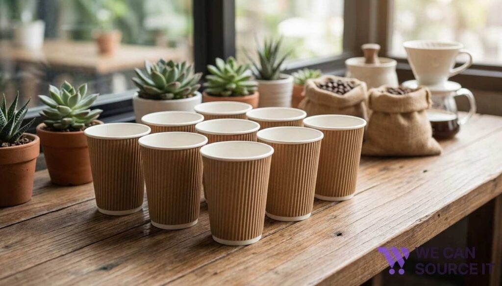 Natural brown kraft ripple cups used in eco-friendly cafés