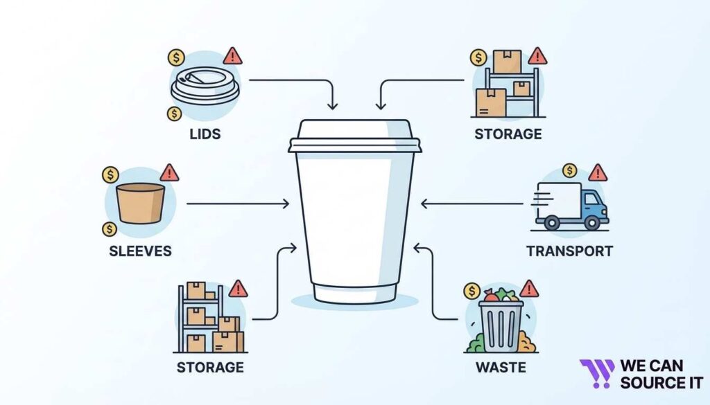  Diagram showing hidden costs of paper cups including lids, sleeves, storage, and waste