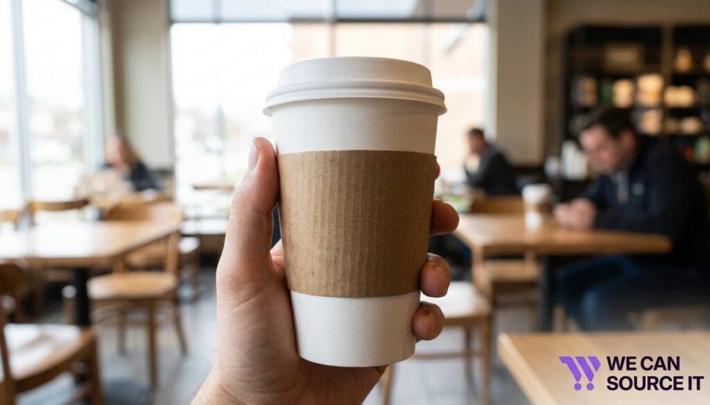 Coffee cup with sleeve showing additional packaging component