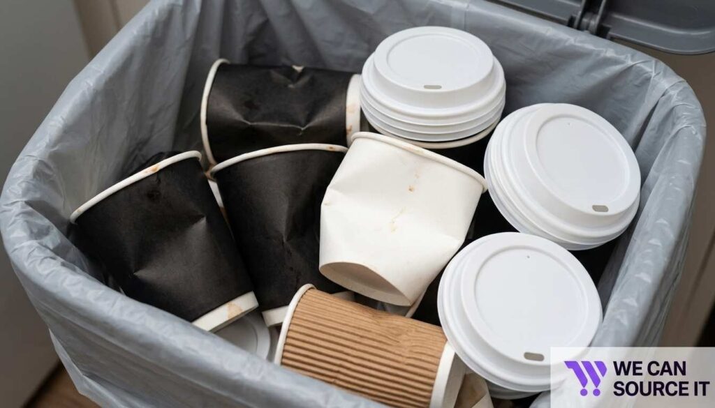  Damaged paper cups and lids showing packaging waste and cost loss