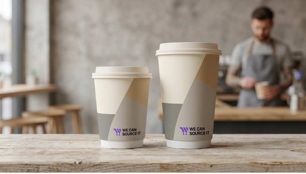 Custom printed double wall coffee cups with minimalist café branding