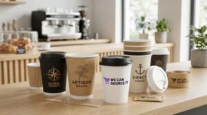 Custom printed paper coffee cups with logos in a café setting