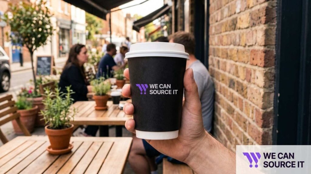 Customer holding a branded takeaway coffee cup showing logo visibility