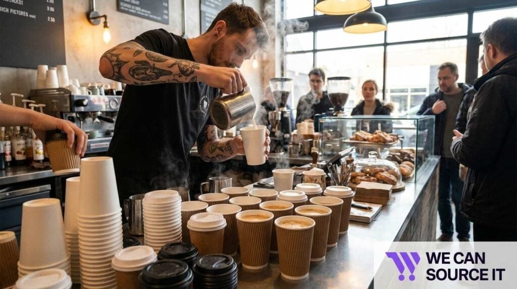  Busy café using large numbers of takeaway coffee cups during service
