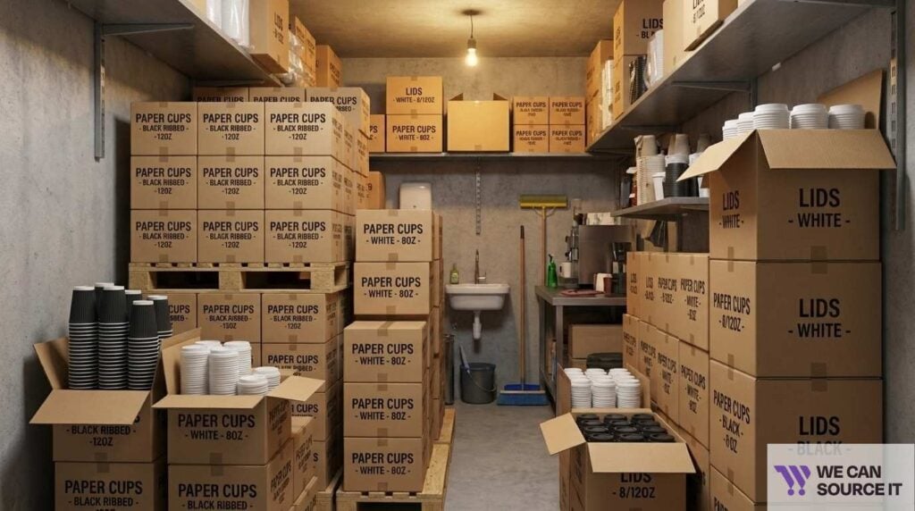  Large cartons of paper cups occupy storage space in a café
