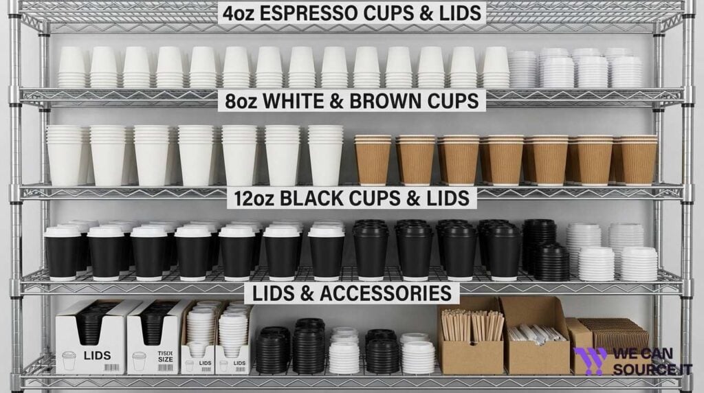  Organised shelving system for different sizes of paper coffee cups and lids