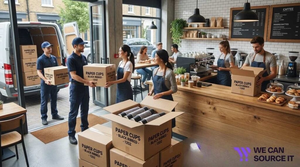  Delivery of paper cup cartons to a café for restocking