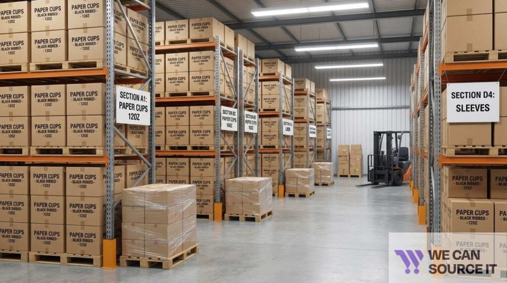  Paper cups stored neatly in clean and dry café storage shelves