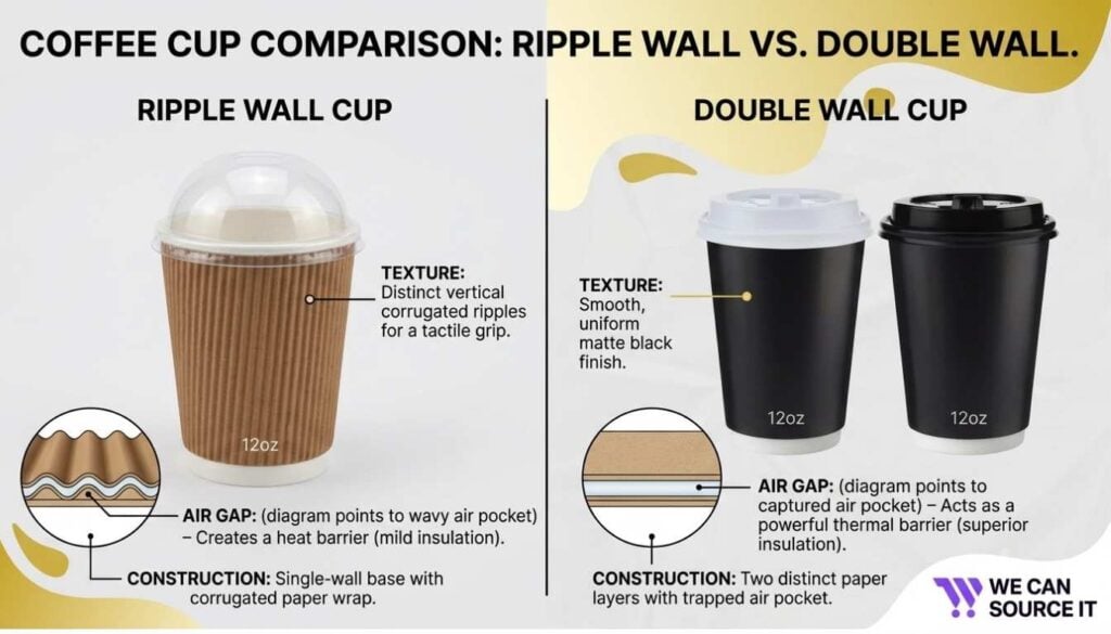 Side-by-side comparison of ripple wall cup and double wall cup, highlighting texture, grip, and insulation.
