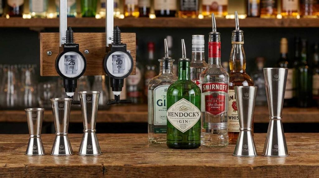  Crown-stamped thimble jiggers, bar optics, and speed pourers at a UK bar 