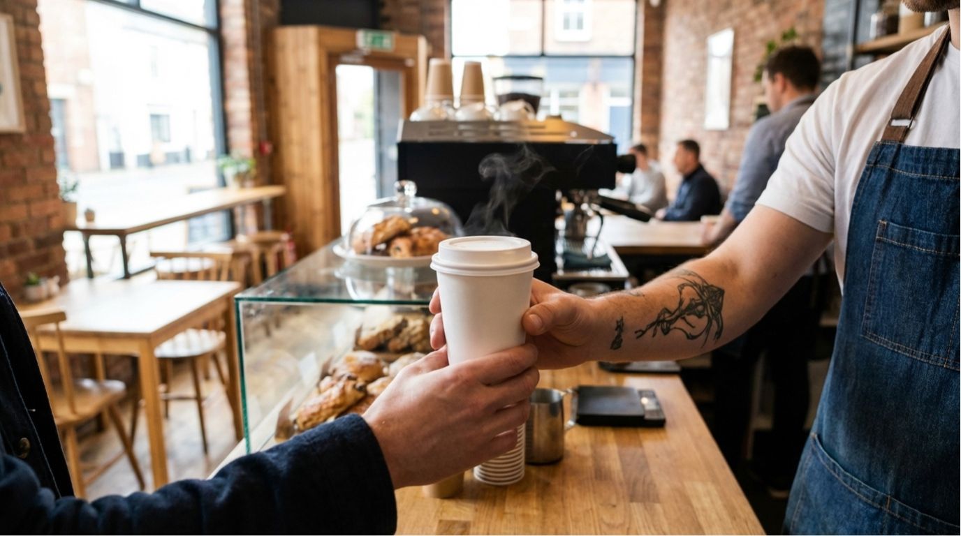 PE-lined paper coffee cups used for takeaway drinks in a UK coffee shop