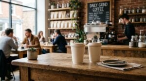 PLA-lined paper coffee cups used in UK cafés, highlighting the compostable packaging discussion
