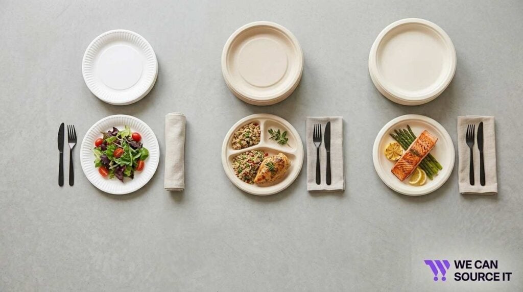 How to Choose the Right Disposable Plates for Events 2 Small, medium and large disposable plates shown with dessert, snacks and full meals