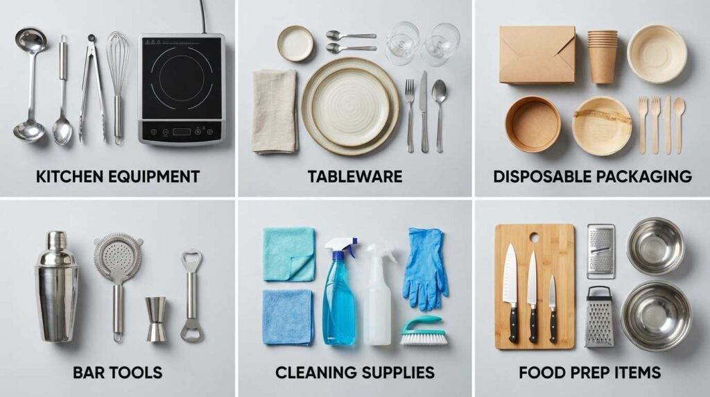 Different types of catering supplies including kitchen equipment and disposables