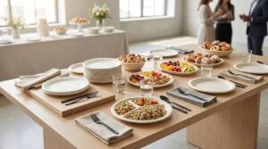 Disposable plates arranged on an event table with food, cutlery and napkins