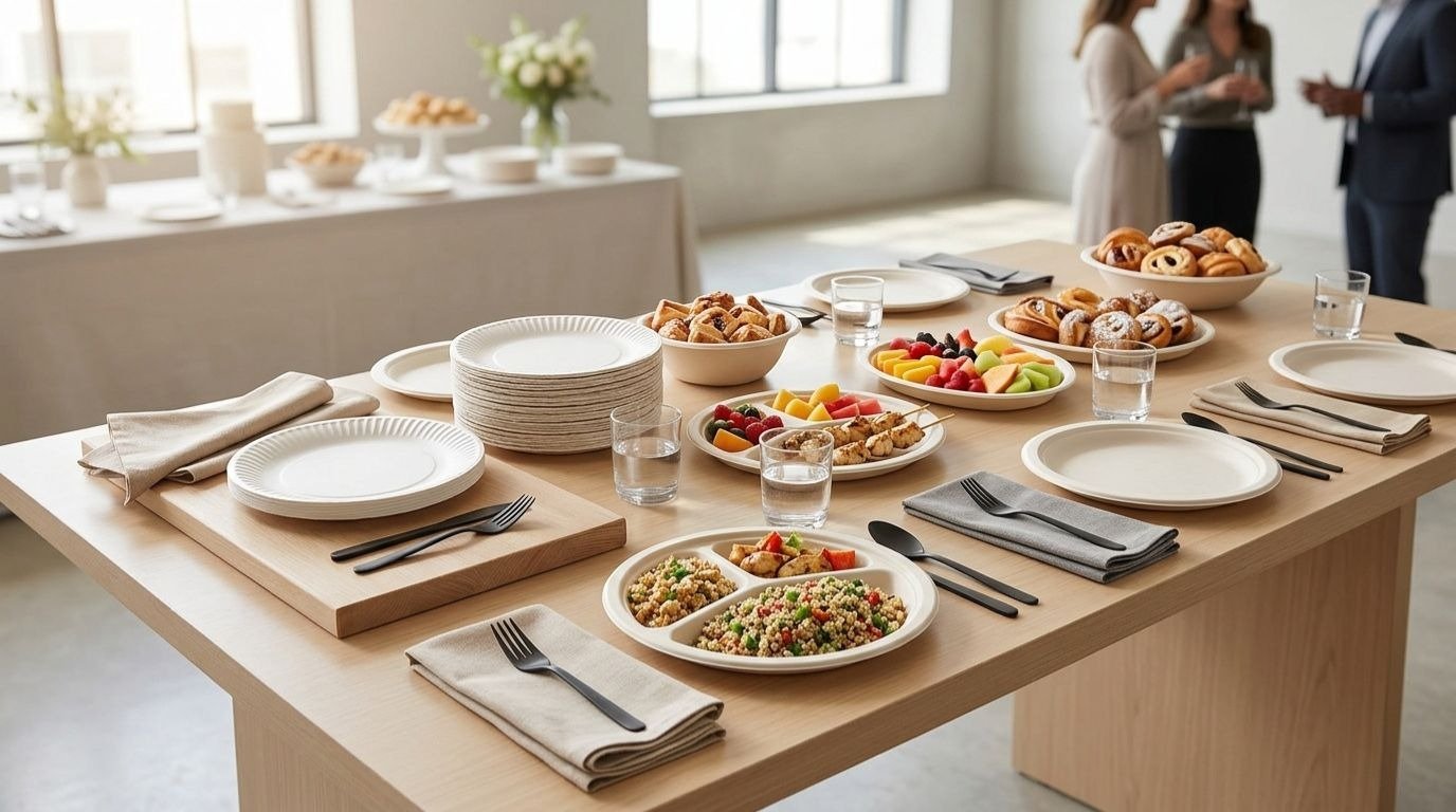 Disposable plates arranged on an event table with food, cutlery and napkins