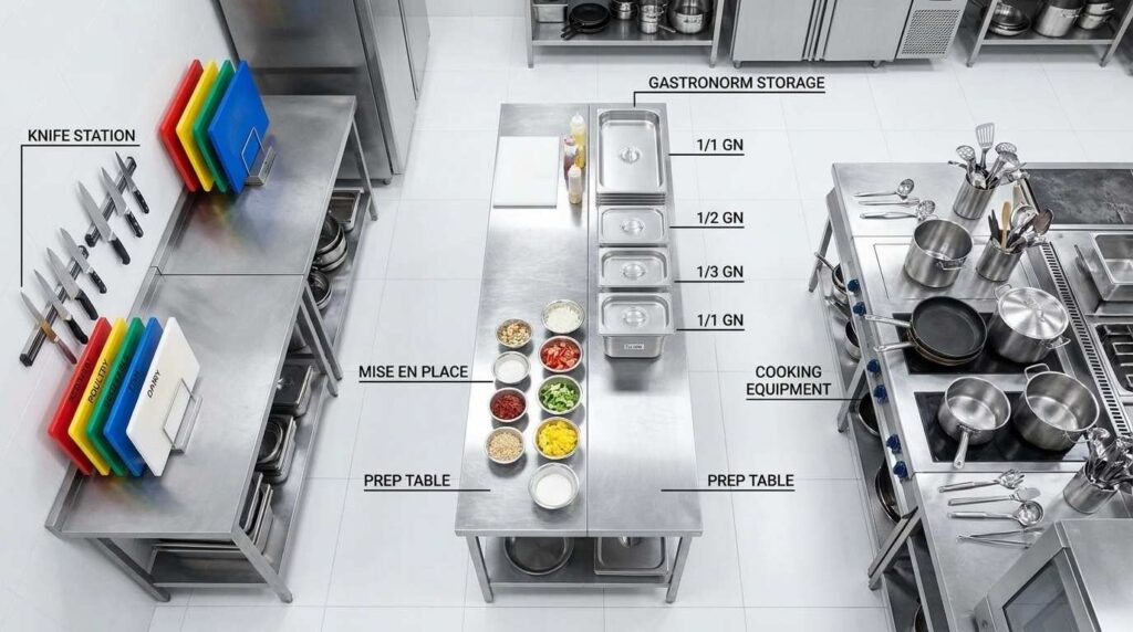 restaurant kitchen setup with essential catering supplies and tools