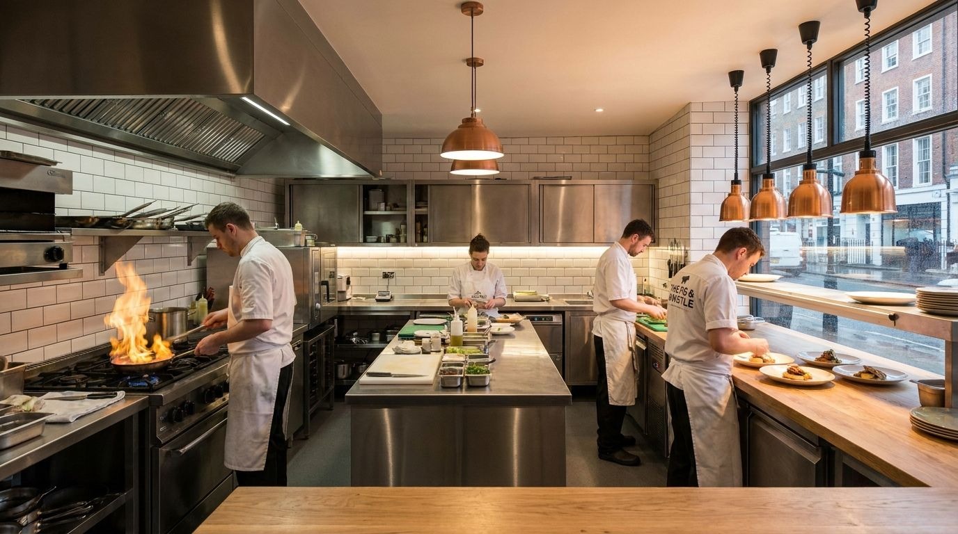 commercial kitchen with catering supplies in UK restaurant