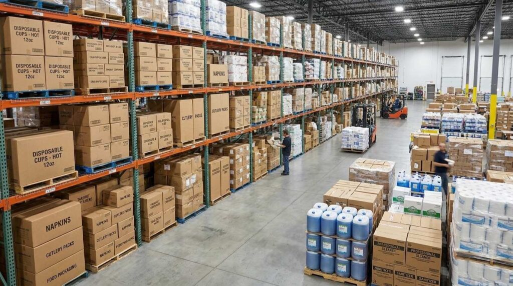 bulk catering supplies stored in warehouse for restaurants