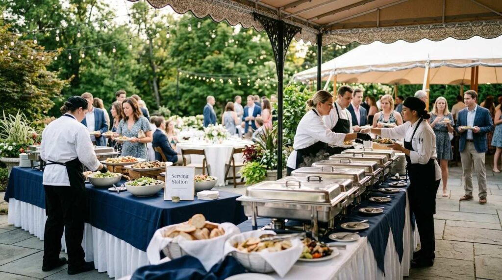 event catering setup with buffet and serving equipment